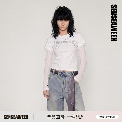 新品彩蛋涂鸦小飞袖假两件T恤