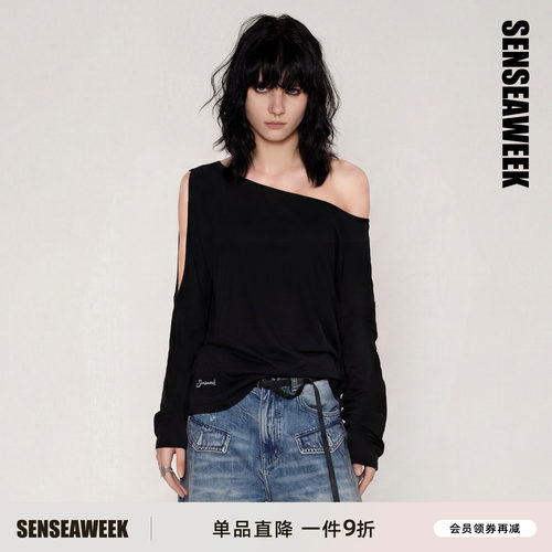 SENSEAWEEK闪粉logo露肩长袖T恤