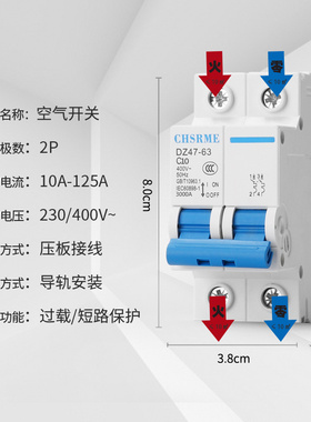 上海人民空气开关断路器DZ47C45 2P63A小Q型短路过载断电保护器