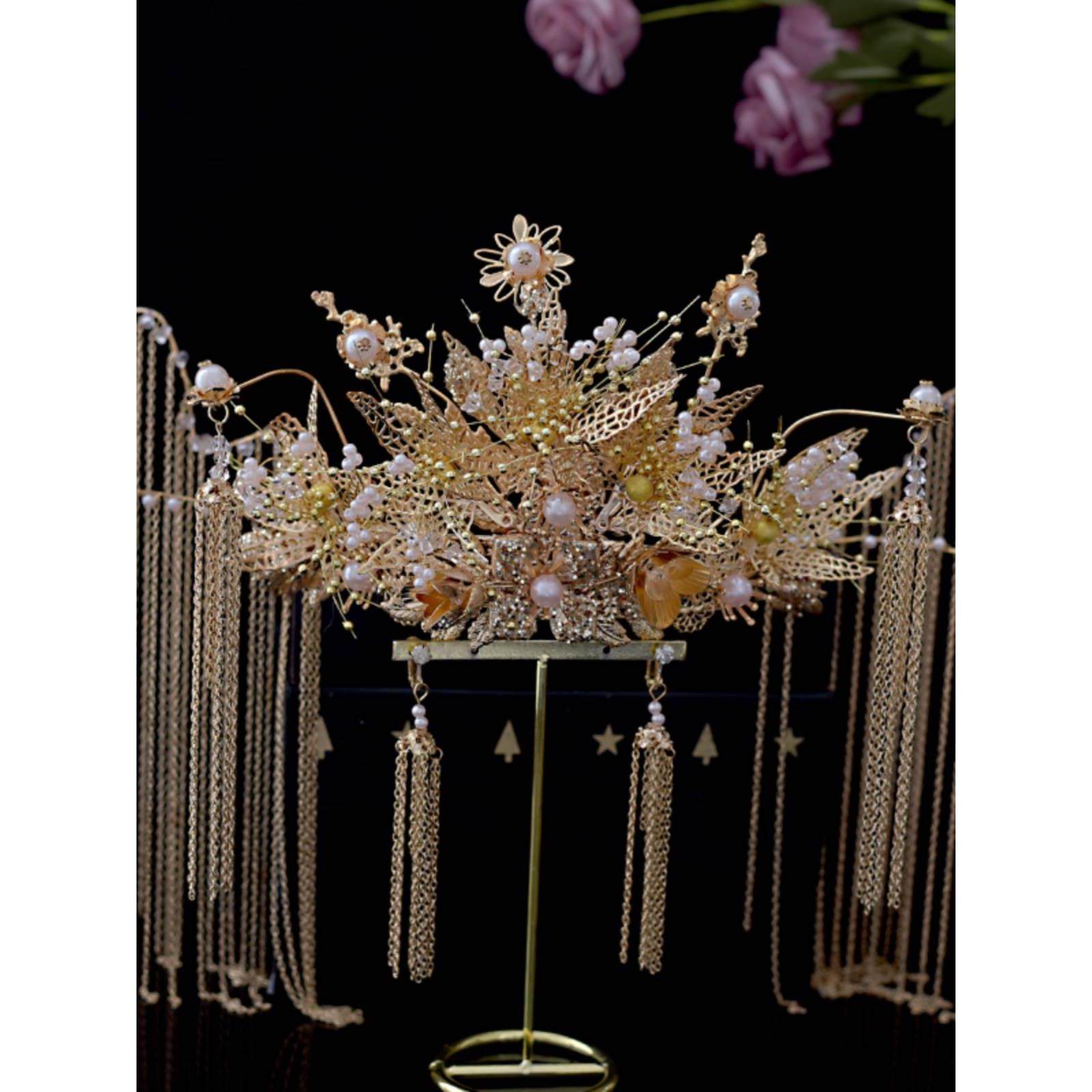 中式新娘秀禾头饰古装金色凤冠步摇流苏结婚发饰大气龙凤褂配饰品