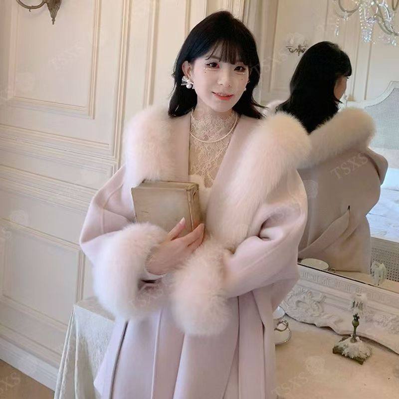 法式留洋千金风连帽大毛领毛呢外套女粉色呢子大衣三文鱼粉名媛风,女装/女士精品,毛呢外套,淘宝优惠券,粉丝福利购,淘宝优惠卷