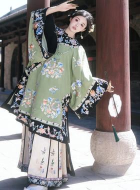 清汉女花满溪绿色套装圆领斜襟上衣马面裙新中式汉服戏文说舞蹈服