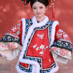 清汉女装秋冬加厚红色印花加绒马甲古风坎肩比甲古装中国风拜年服