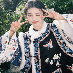 清汉女黑色加绒印花马甲格格服古风坎肩保暖中式比甲古董衣秋冬季