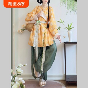 唐制短款圆领袍汉服女田园风灯笼裤春夏国风日常通勤套装卖货郎