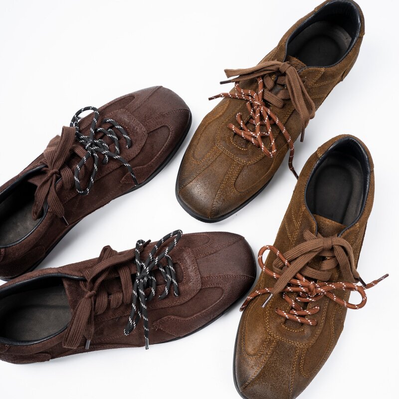 2026新款复古风双鞋带德训鞋男磨砂小众设计轻便平底休闲鞋棕色