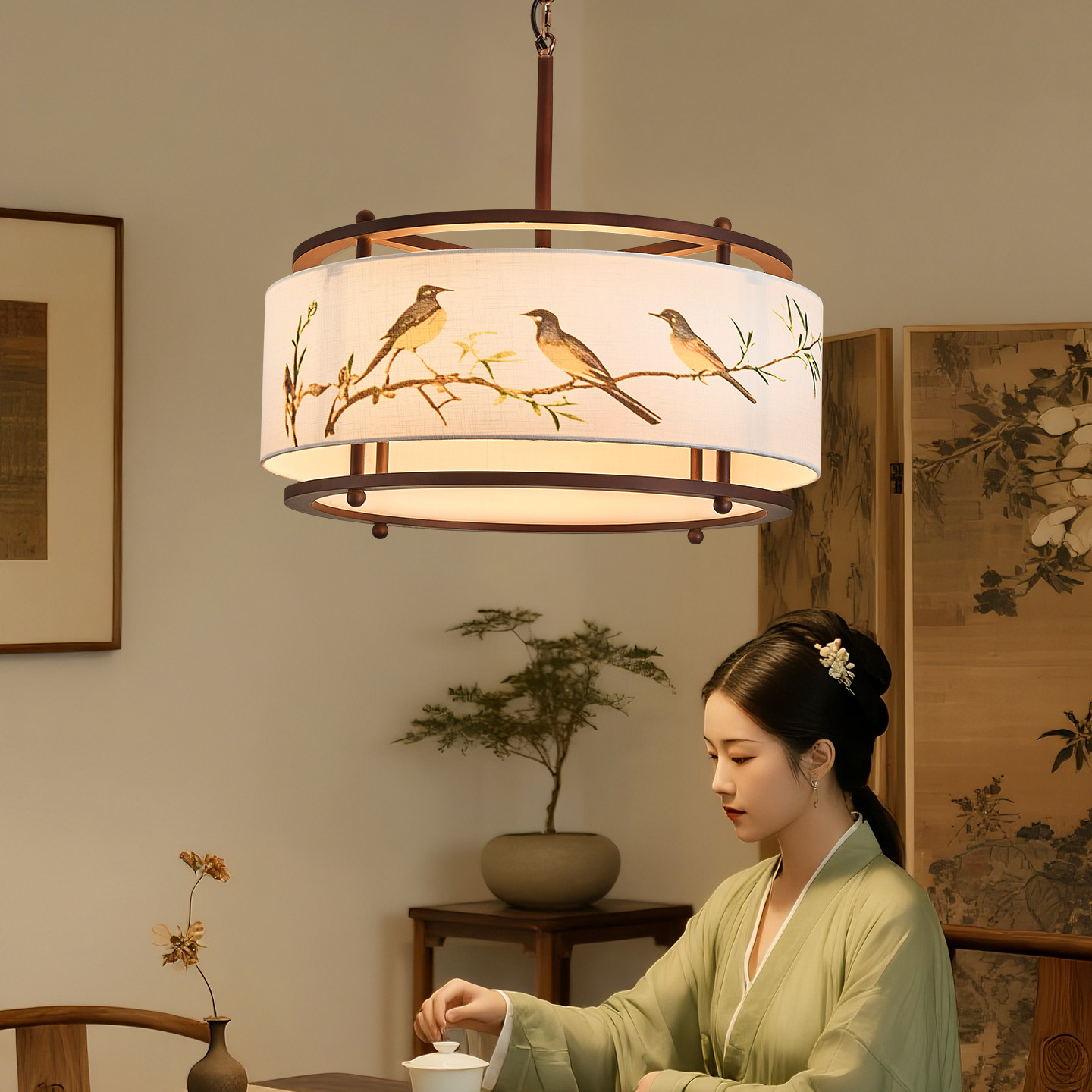 宋氏美学禅意餐厅餐桌吊灯新中式国风圆形布艺绘画茶室书房卧室灯,家装灯饰光源,餐厅吊灯,淘宝优惠券,粉丝福利购,淘宝优惠卷