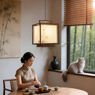 宋式美学实木小吊灯新中式水墨画东方美学餐厅吧台书房茶桌吊灯