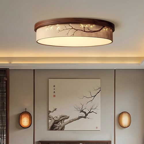 宋式美学吸顶灯圆形卧室禅意中式竹叶绘画布艺顶灯客厅卧室房间灯
