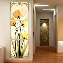 u9ad8u6863郁金香楼梯水晶画客厅现代装饰画三联无框画竖版墙画玄