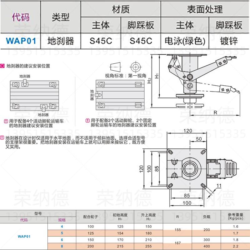 替代WAP01-8 5 6 4怡和达米斯米国产日式电泳(绿色)地刹器顶高器