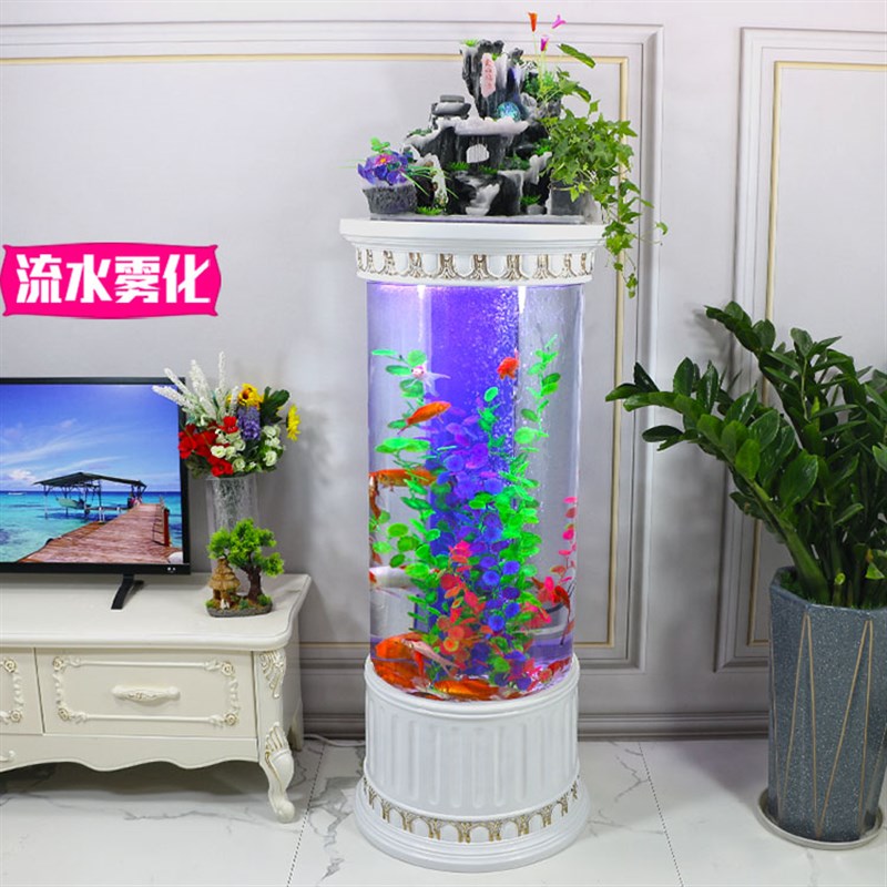 圆形圆柱金鱼缸客厅免换水迷你欧式落地生态流水族箱小型懒人家用