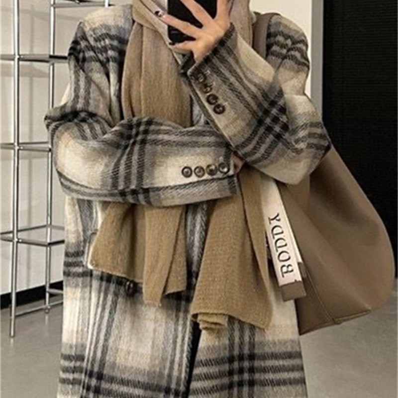 2024秋冬新款长毛高级感韩系格子双面羊绒大衣女加长款羊毛呢外套