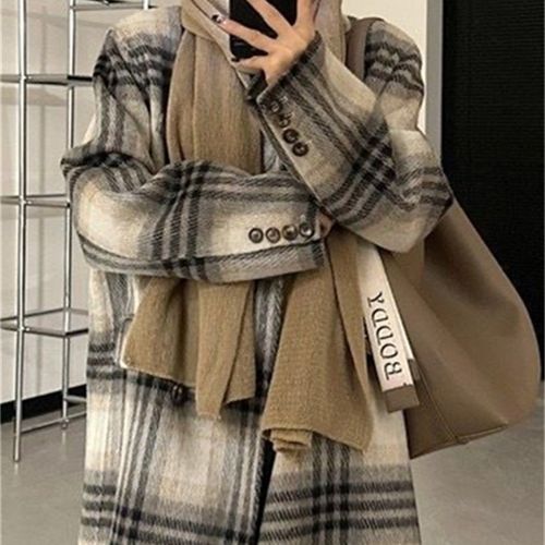 2024秋冬新款长毛高级感韩系格子双面羊绒大衣女加长款羊毛呢外套
