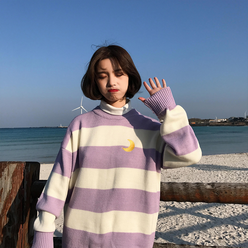 极速Women's Sweaters Kawaii Ulzzang College Candy Color Stri