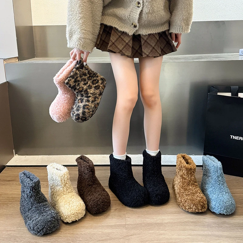 毛毛短靴鞋子女内增高平底厚底雪地靴加绒加厚保暖防滑短筒女棉鞋