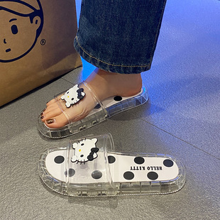 简约圆点流行一字拖平跟成人水晶拖鞋 极简卡通动漫趴猫卡哇伊新款