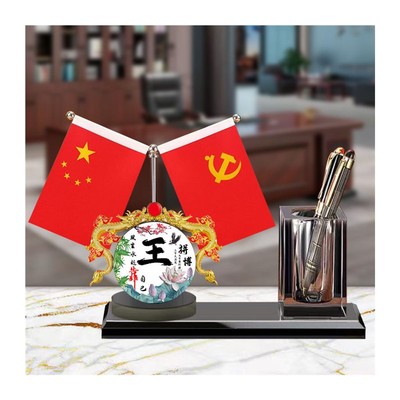 高档笔筒水晶桌面百家姓摆件国旗小红旗摆件老板办公桌装饰品摆件