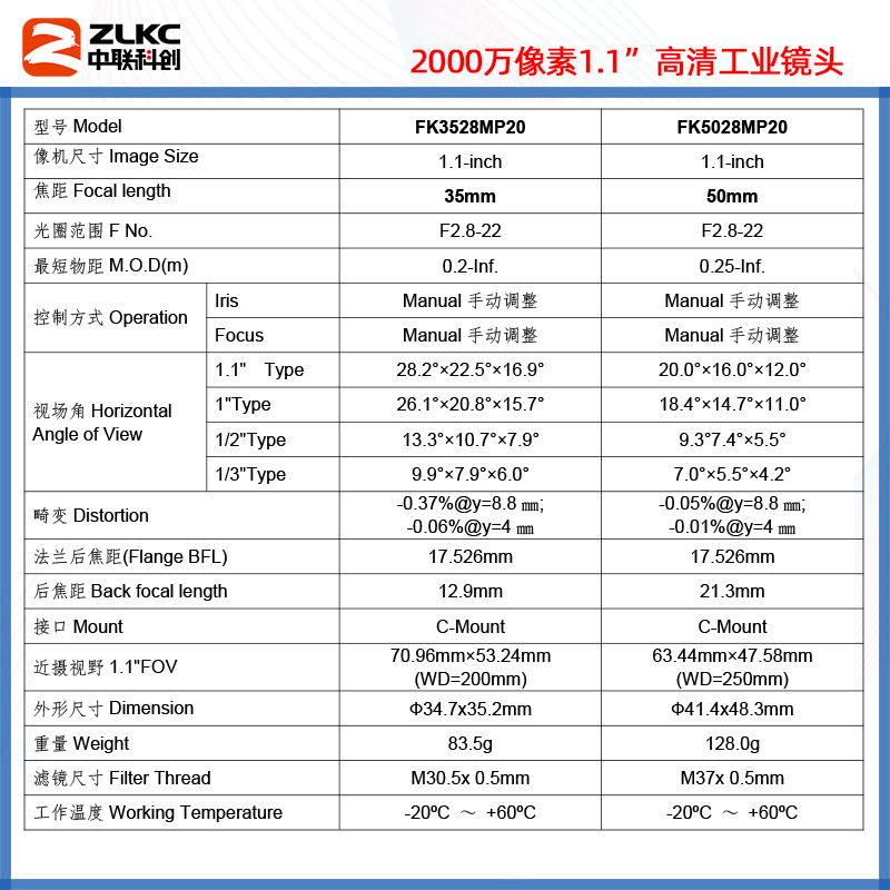 2000万像素C口工业镜头12mm 16mm 25mm 35mm 50mm机器视觉相机镜