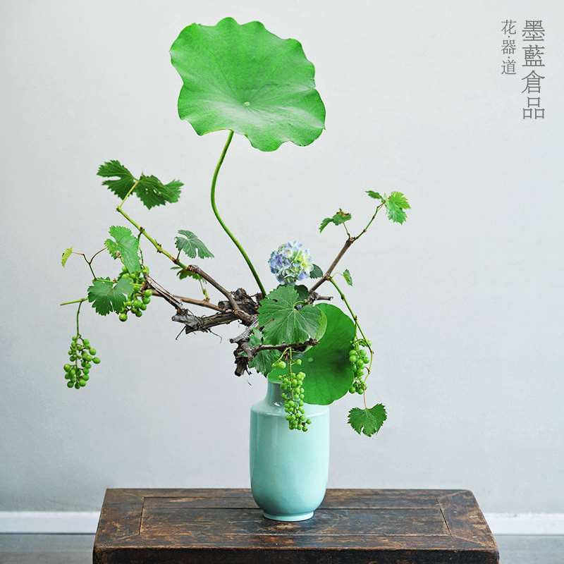 好货墨蓝花器青瓷投入瓶中式日式花道插花器皿陶瓷花瓶棒槌瓶客厅