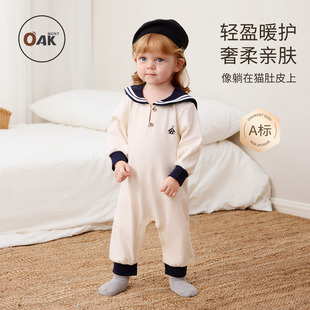 Oak mont婴儿连体衣秋冬男女宝宝抗菌爬服海军风衣服洋气外出服