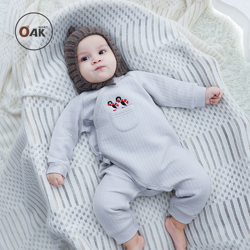 Oak mont口袋刺绣新生儿宝宝衣服秋冬小月龄薄棉秋季宝宝满月爬服