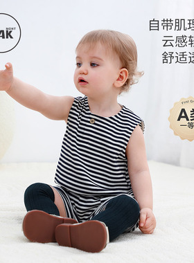 Oak mont婴儿连体衣夏季薄款宝宝无袖哈衣条纹爬服夏装婴幼儿衣服