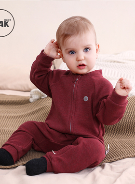 Oak mont秋款蚕丝羊毛新生儿连体衣红色衣服婴儿包屁衣宝宝周岁服