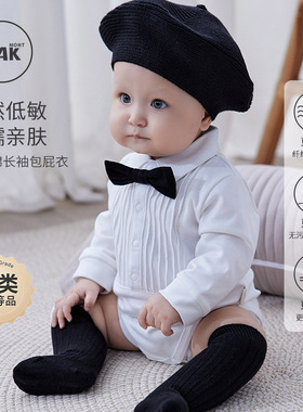 Oak mont婴儿包屁宝宝秋装有机棉百天哈衣爬服满月周岁礼服连体衣