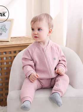 Oak mont婴儿连体衣秋装蚕丝羊绒新生儿周岁衣服宝宝满月拉链爬服