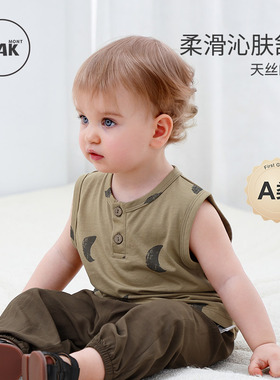 Oak mont儿童背心婴儿宝宝外穿无袖t恤夏季天丝棉护肚打底上衣