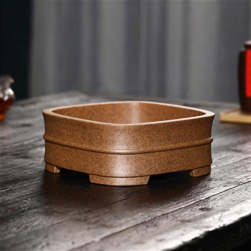 紫砂花盆景盆长方竹节柴烧手工老桩唯珍名家有孔口20-25高5-10