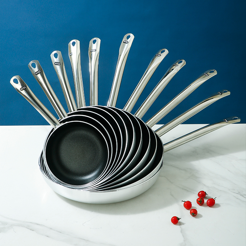 不锈钢平底煎锅燃气电磁炉通用商用炒锅煎牛排不粘锅复底煎蛋锅子