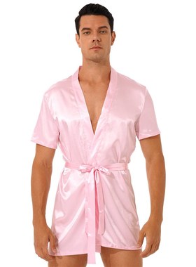 Men Sissy Satin Lace Kimono NightRobe Nightwear SeeThrough