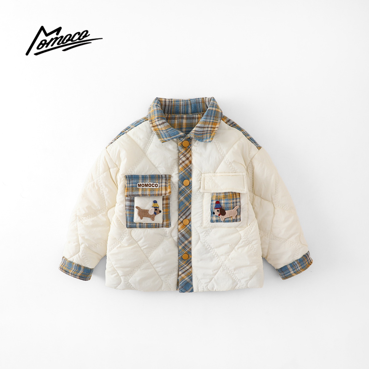 MOMOCO冬季新款男童韩版小狗休闲拼接童趣棉服外套77430101020