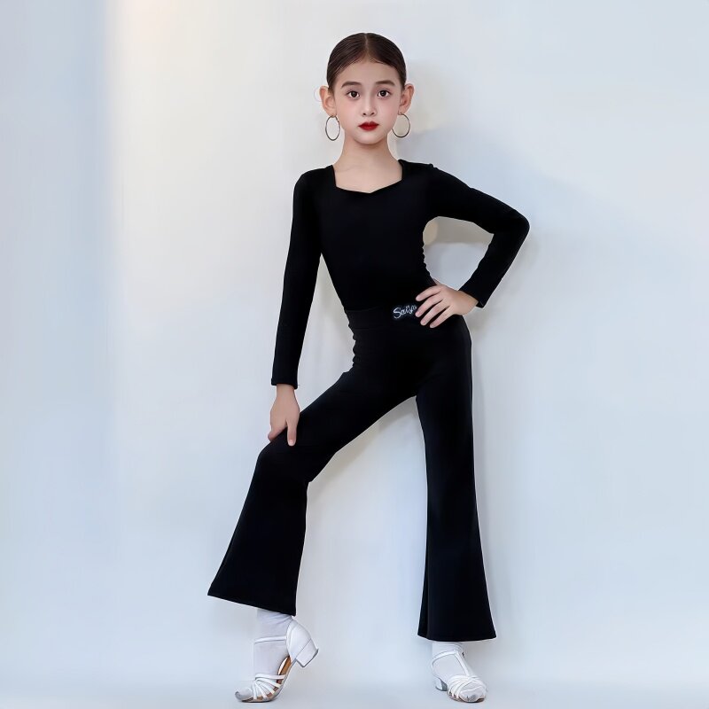 2026春季新款拉丁舞服女童练习服桃心领长袖连体上衣喇叭长裤套装