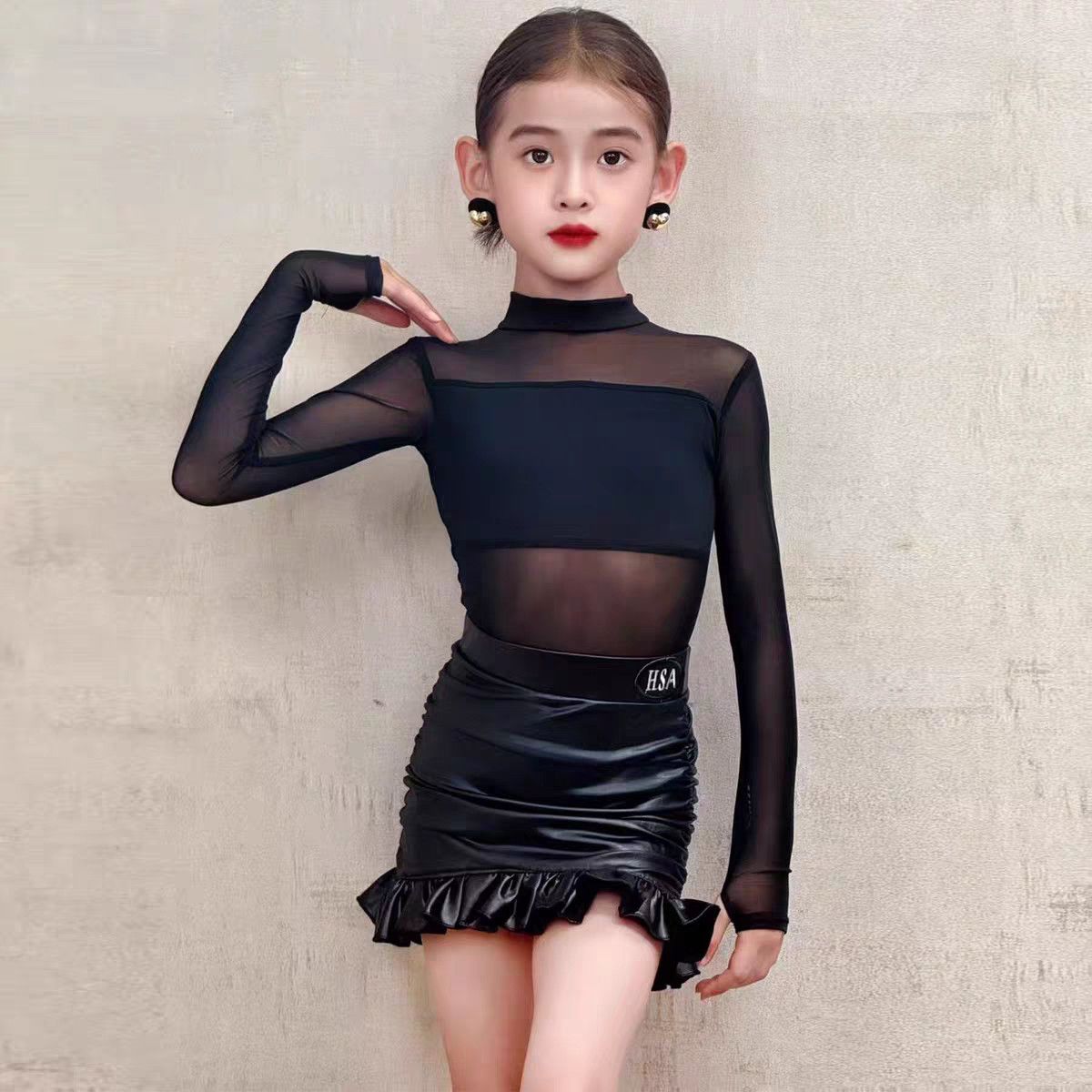 拉丁舞练功服套装女童包臀半身裙