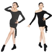 斜肩露背绑带连衣裙 拉丁舞服女童演出表演服褶皱长袖 2026春季 新款