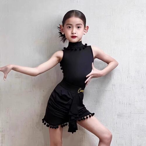 拉丁舞服女童露背上衣飘带短裙夏