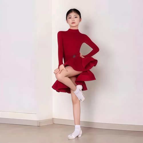 女童拉丁比赛长袖大摆红色丝绒裙