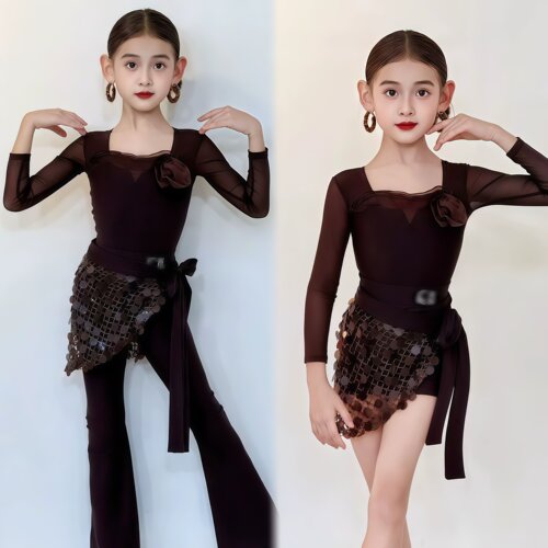 女童拉丁舞亮片绑裙长袖练功服