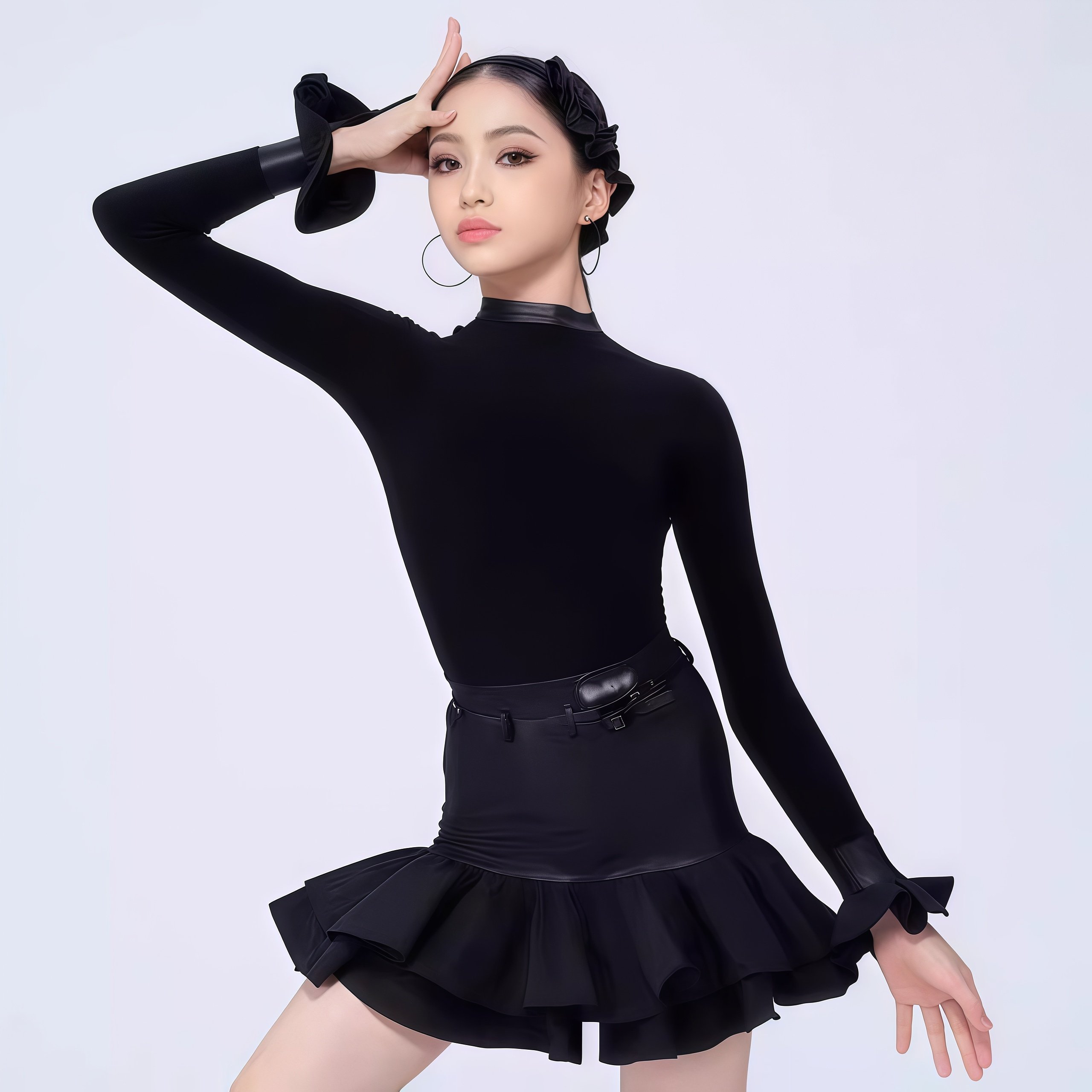 2026冬季新款拉丁舞练习服女童高领长袖连体上衣分体包臀短裙套装