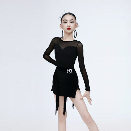 拉丁舞服春女童练功服长袖流苏裙