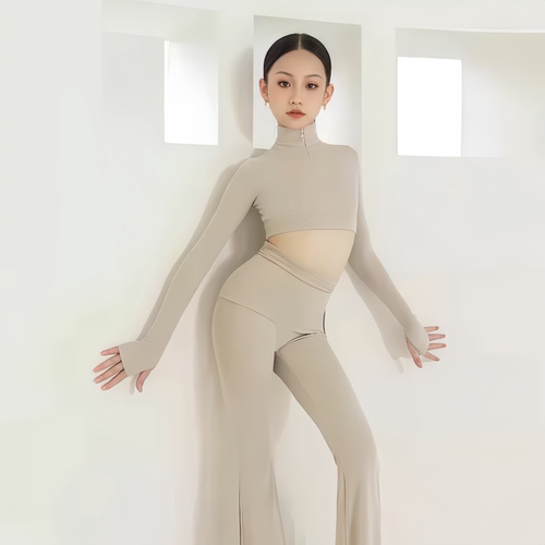 女童拉丁舞长袖露腰喇叭裤套装