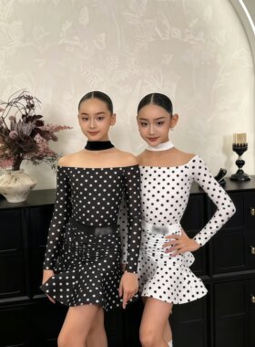 秋冬女童黑白波点拉丁练功服
