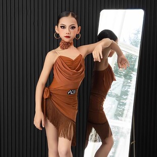 新款夏女童拉丁舞练习服高级感吊带荡领上衣分体半身裙流苏裙套装