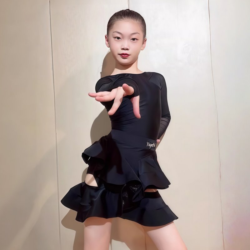 冬季新款拉丁舞服女童练习服U型露背连体长袖上衣双层鱼骨大摆裙