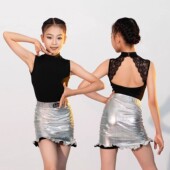 连裆美背上衣分体亮面包臀裙 练习服无袖 2026新款 拉丁舞服女童套装
