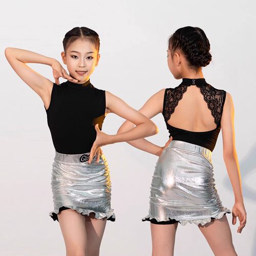 女童拉丁舞服无袖上衣亮面包臀裙
