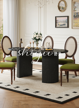 时余珀尔修斯奢石餐桌天然宝格丽黑法式中古餐桌椅组合美式复古风